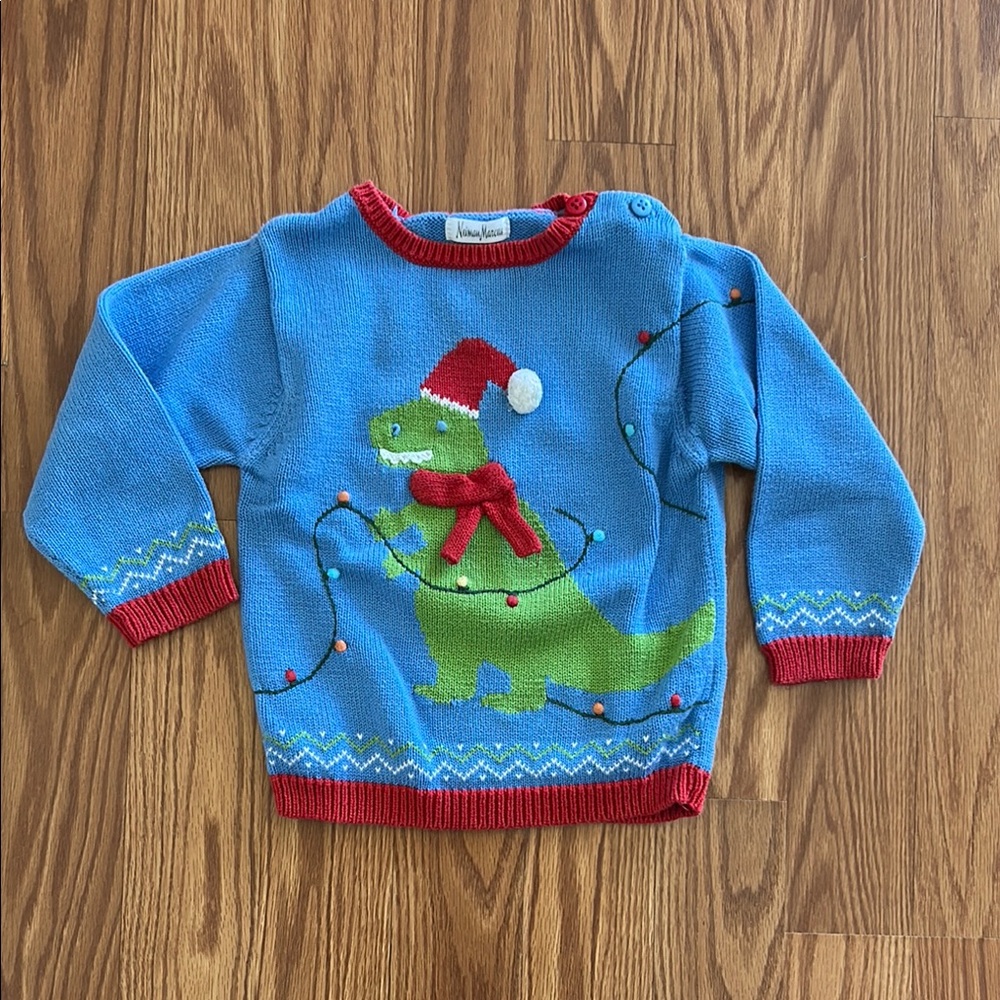 Neiman Marcus Blue Dinosaur Sweater with Red Accents